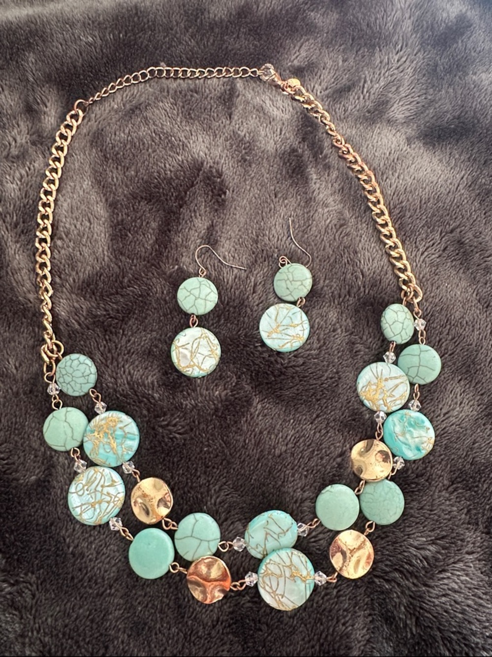 Gold-Tone Turquoise Disc Necklace & Earrings Set